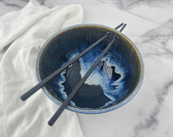 Ceramic Ramen Bowl with Chopsticks | Black Noodle Bowl with Blue Rim | Pho, Udon, Sushi, Rice Soup Bowl | Asian Style Dinnerware