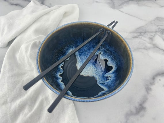 Ceramic Ramen Bowl with Chopsticks | Black Noodle Bowl with Blue Rim | Pho, Udon, Sushi, Rice Soup Bowl | Asian Style Dinnerware