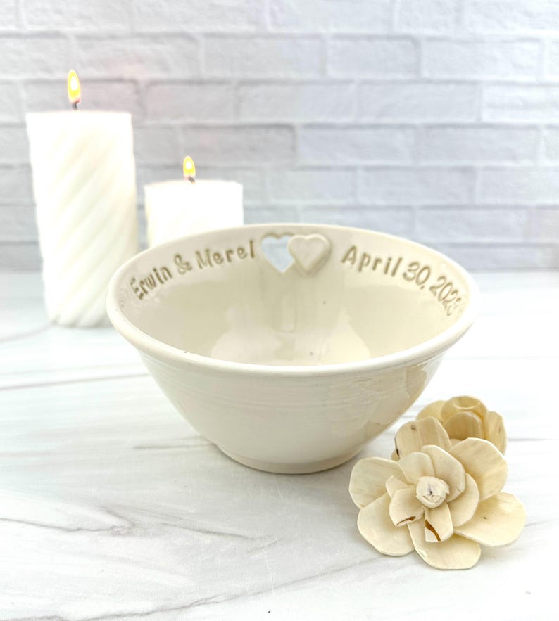 Personalized bride and groom wedding name bowl, custom wedding stoneware name date 9th anniversary gift, handmade ceramic engagement bowl