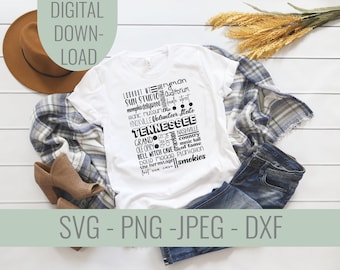 Tennessee SVG Famous Locations and Icons file, Tennessee State Tee Shirt Cricut cut file, United States Cut File, Tennessee Tee Shirt File