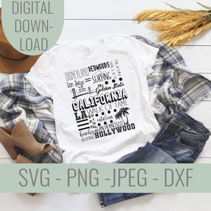 California Famous Locations and Icons SVG file, California State, Los Angeles Shirt cut file, United states cut file, tee shirt file