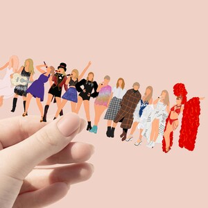 May include: A collection of stylized illustrations of figures in various outfits, held against a light pink background. The figures are in different poses, some holding microphones or musical instruments. The color palette includes shades of red, black, white, and blue.