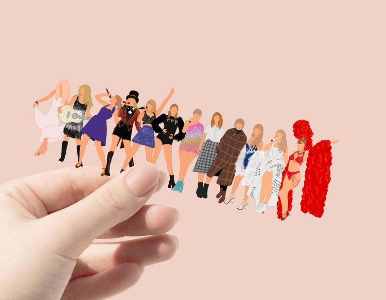 May include: A collection of stylized illustrations of figures in various outfits, held against a light pink background. The figures are in different poses, some holding microphones or musical instruments. The color palette includes shades of red, black, white, and blue.
