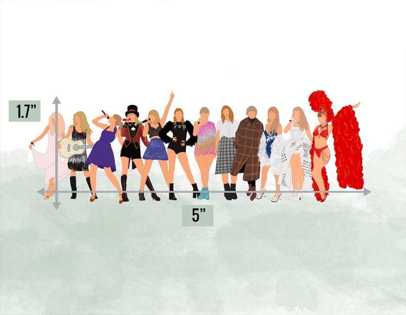 May include: A digital illustration featuring a row of stylized figures, each in a unique outfit, with a 5-inch horizontal span and a 1.7-inch height. The figures are depicted in various poses, suggesting a performance or fashion theme.
