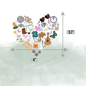 May include: A heart-shaped collection of colorful stickers, measuring 4 inches wide and 3.7 inches high. The stickers include a disco ball, snake, sunglasses, clock, koi fish, guitar, butterfly, and other assorted designs.