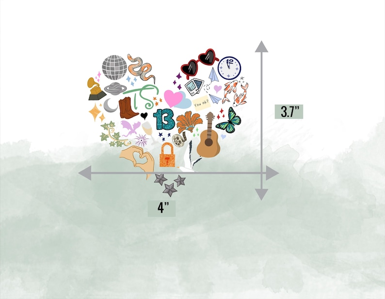May include: A heart-shaped collection of colorful stickers, measuring 4 inches wide and 3.7 inches high. The stickers include a disco ball, snake, sunglasses, clock, koi fish, guitar, butterfly, and other assorted designs.