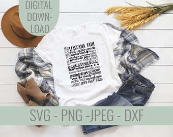May include: White t-shirt with black text that reads "Jascana Lave" and lists various places and landmarks in Saskatchewan, Canada. The shirt is laying on a wooden surface with a plaid blanket and a brown hat.