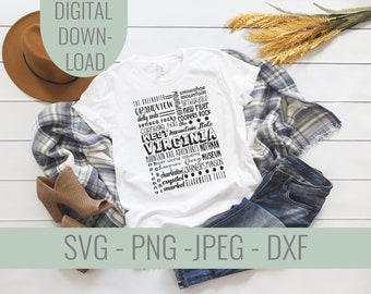 West Virginia SVG File: Famous Locations & Icons Tee Shirt Design (Digital Download)