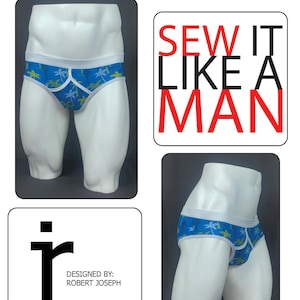 May include: Blue underwear featuring a yellow and white palm tree pattern with a white waistband and trim. The image includes text reading Pattern 012, Mens Sizes: XS-S-M-L-XL-XXL, SEW IT LIKE A MAN, and a logo with the text DESIGNED BY: ROBERT JOSEPH.