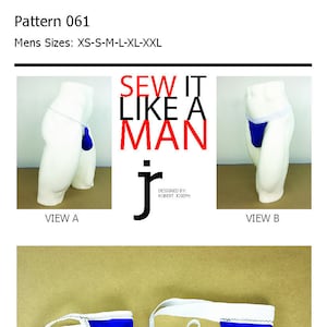 Puede incluir: Una bolsa azul con ribete blanco y una correa blanca. La bolsa se muestra en dos vistas, una con la correa puesta y otra con la correa quitada. El texto "SEW IT LIKE A MAN" se muestra en letras rojas sobre un fondo blanco.