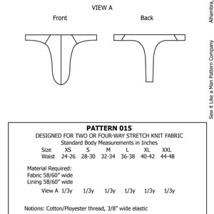 May include: A sewing pattern for a thong brief underwear or swimwear. The pattern includes instructions for sizes XS to XXL, with waist measurements ranging from 61-66 cm to 112-122 cm. The pattern requires 147-152 cm of fabric and lining, and notions include cotton/polyester thread and 1 cm wide elastic.