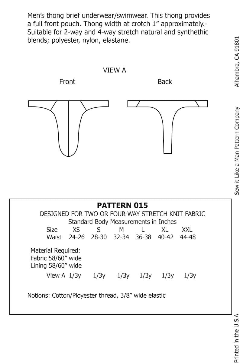 May include: A sewing pattern for a thong brief underwear or swimwear. The pattern includes instructions for sizes XS to XXL, with waist measurements ranging from 61-66 cm to 112-122 cm. The pattern requires 147-152 cm of fabric and lining, and notions include cotton/polyester thread and 1 cm wide elastic.