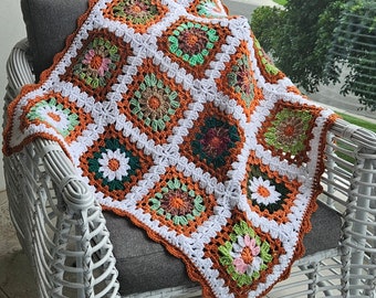 Crochet Blanket | Lap, Pram or Crib Blanket |  Bed Throw |  Autumn Tones | Acrylic Yarn | 850mm W x 850mm L | 4 x 4 Squares + Border