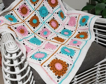 Crochet Blanket | Lap or Cot Blanket |  Bed Throw | Multi-coloured | Acrylic Yarn | 830mm W x 830mm L | 5 x 5 Squares plus Border
