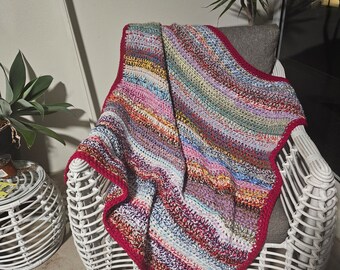 Crochet Blanket | Lap Blanket | Multi-coloured | 3 strands yarn per stitch | Red Border | 1000mm W x 1000mm L | Ideal for use in wheelchair