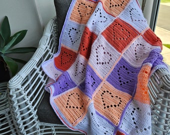 Crochet Hearts Blanket | Lap Blanket | Multi-coloured | Acrylic yarn | 950mm W x 950mm L | Bed Throw | Cuddle Rug