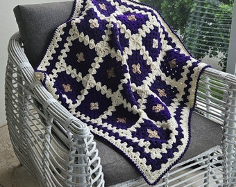 Crochet Blanket | Lap or Crib Blanket |  Bed Throw | Cream & Purple coloured | Acrylic Yarn | 800mm W x 800mm L | 4 x 4 Squares plus Border