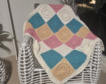 Textured Crochet Blanket | Lap or Cot Blanket |  Bed Throw | Multi-coloured | Acrylic Yarn | 850mm W x 1000mm L | 4 x 5 Squares plus Border