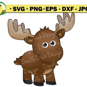 May include: A cartoon illustration of a brown moose with large antlers. The moose has big, round eyes and a friendly expression. The background is white.