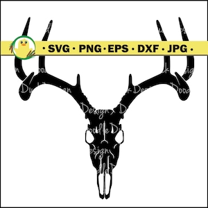 May include: Black silhouette of a deer skull with antlers. The skull is detailed with eye sockets and a nose. The antlers are large and spread out.