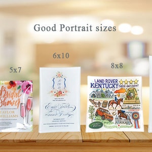 May include: Five different sizes of clear glass plaques with printed images. The sizes are 6x6 inches, 5x7 inches, 6x10 inches, 8x8 inches, and 8x12 inches. The images include a photo of a girl and a puppy, a floral design with the text "Bridal Shower", a wedding invitation, a Land Rover Kentucky Three Day Event design, and a wedding invitation with the text "Martha Miriam Wolking and Michael William Iker".