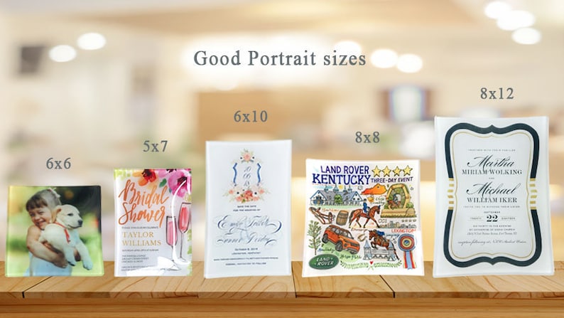 May include: Five different sizes of clear glass plaques with printed images. The sizes are 6x6 inches, 5x7 inches, 6x10 inches, 8x8 inches, and 8x12 inches. The images include a photo of a girl and a puppy, a floral design with the text "Bridal Shower", a wedding invitation, a Land Rover Kentucky Three Day Event design, and a wedding invitation with the text "Martha Miriam Wolking and Michael William Iker".