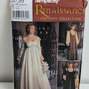 May include: A Simplicity Renaissance Costume Collection sewing pattern envelope, number 8735, featuring illustrations of three different long-sleeved gowns with empire waists, including a white gown, a brown patterned gown, and a black gown.