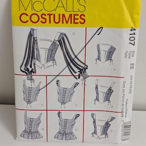 May include: A McCall's Costumes sewing pattern envelope 4107, size EE (14-16-18-20), featuring illustrations of various bodice and corset designs with lace-up details, shoulder straps, and peplum options, printed on a white and yellow background.