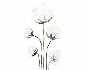 Acuarela de tallo de algodón 8 x 10 ORIGINAL, arte por el arte minimalista venta, algodón orgánico, Austin Texas, "Unirnos"