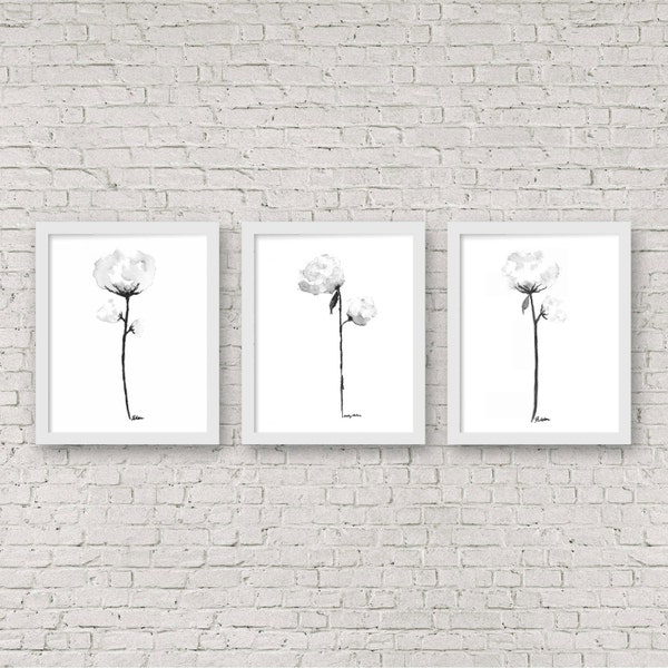 Set von drei, Bio-Baumwolle-Aquarell, GICLÉE-Drucke, Drucke für Verkauf, schwarz und weiß Art, Minimal Art, der graue Mohn