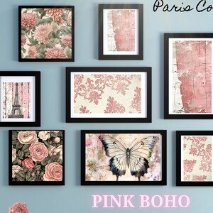 Pósteres retro en rosa, pared rosa de la galería de París, arte para el hogar boho, archivo boho sin costuras, aura retro vintage, arcos de coqueta, Torre Eiffel, png