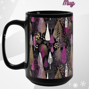 Christmas Mug, Winter Trees, Gold, Magenta, White, Silver, 15oz, Gift for Him