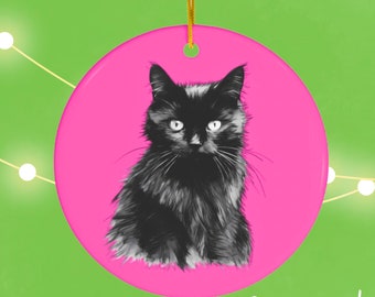 Black Cat Ornament, Pink, Ceramic, Star and Circle Shape, Gift for Her, Gift For Cat Lover