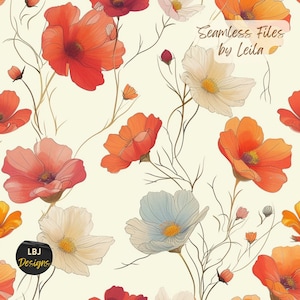 Fichiers sans couture bohème, fichier sans couture, modèle sans couture d'automne, fleurs sauvages bohèmes, PNG floral, clipart minimaliste, éthéré, beige, rouge, floral