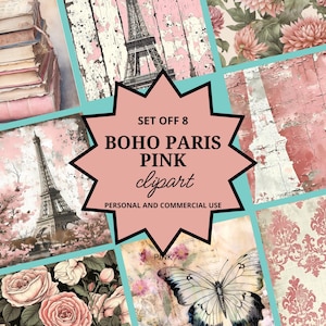 pared rosa de la galería de París, conjunto, arte para el hogar boho, carteles retro rosas, archivo Boho sin costuras, aura retro vintage, diario de rubor librero, Ephemera