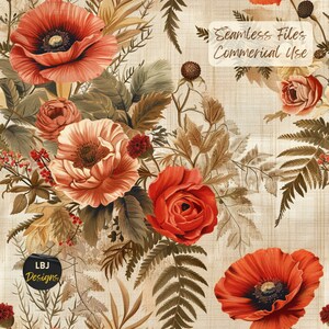 Fichiers sans couture bohème, fichier sans couture, modèle sans couture pastel, fleurs sauvages bohèmes, PNG floral, minimaliste, éthéré, beige, floral de pavot rouge