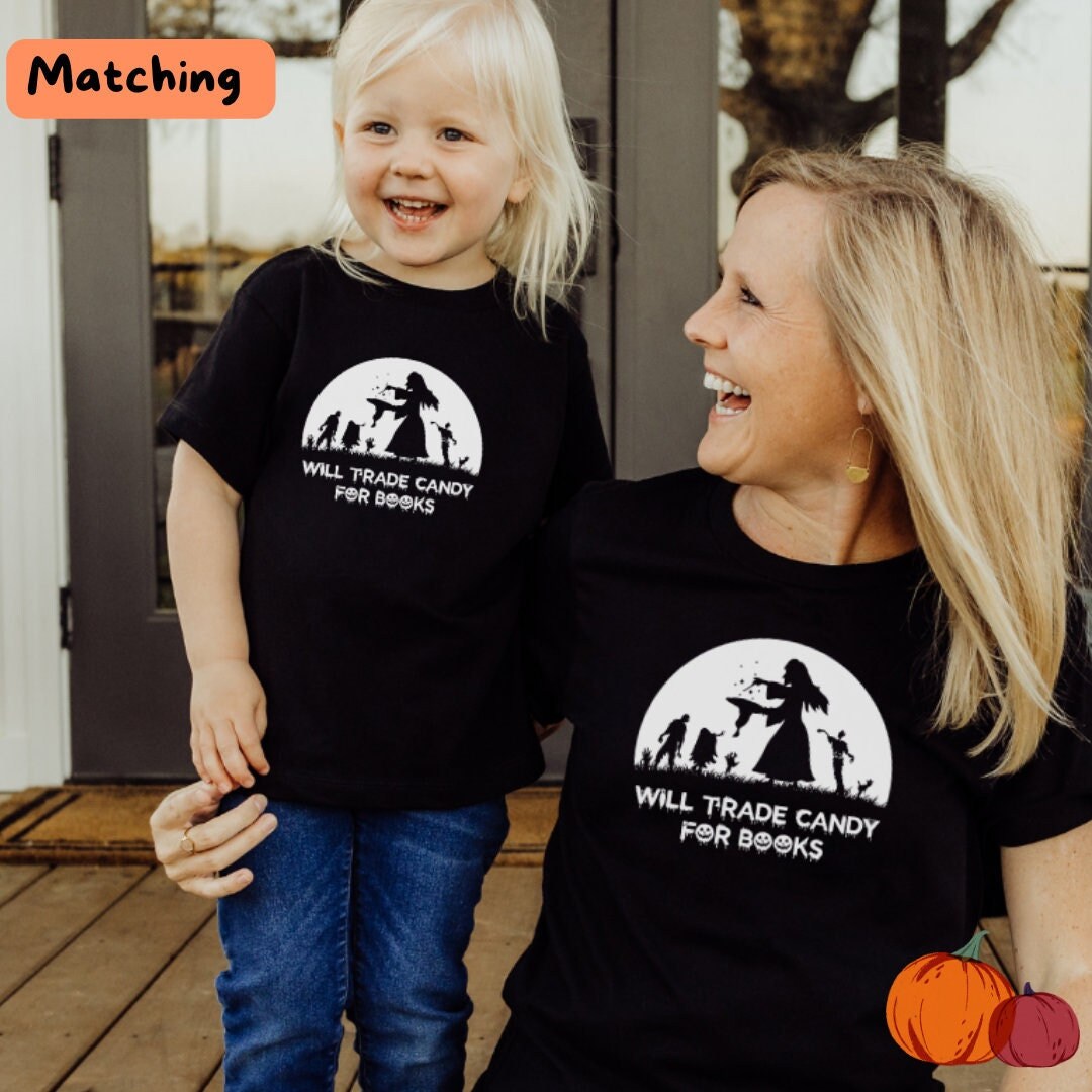 Discover Oversized Graphic Tees, Matching Family Halloween, Bookish, Spooky, Family, Spooky Funny, Will Trade Candy for Books, Youth Tee, Matching