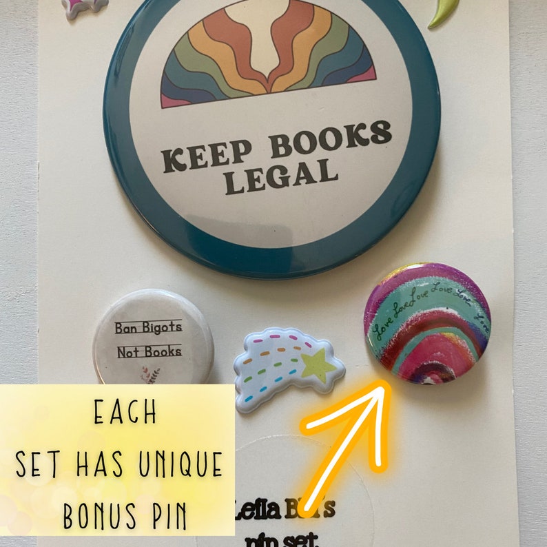 Ban Bigots Not Books, 1 inch Button Pin and Keep Books Legal Button Pin, Size 3.5 inches.  Each Set Hand Has a Bonus Pin