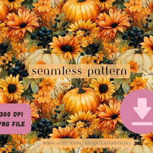 Fall Autumn Pumpkin Sunflower Pattern, Seamless Repeating File for Printing, gothic flower print, Commercial Use, Goblincore, Thanksgiving