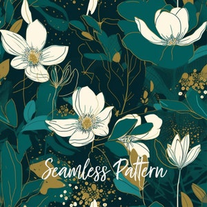 Seerose, Geburtsmonat Blume, Mitte des Jahrhunderts modern, florales PNG, florales nahtloses Muster, Türkis, Gold, Aquarell Digital Art Print