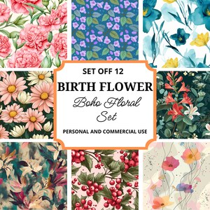Patrón floral de flor de nacimiento png, Clip Art floral, uso comercial, flor del mes de nacimiento, Boho sin costuras, ramo de flores de nacimiento, patrón sin costuras