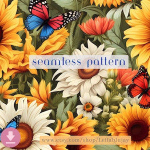 Tournesol printanier avec motif papillons png, printemps sans couture, fichier répétitif sans couture pour impression, téléchargement numérique, Boho sans couture
