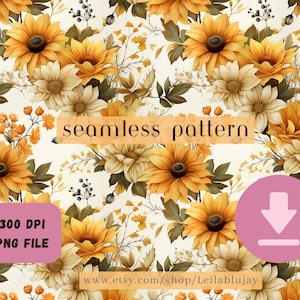 Fall Autumn Pumpkin Sunflowers Pattern, Seamless Repeating File for Printing, Sublimation, Commercial Use, Goblincore, Thanksgiving, PNG
