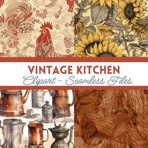 Minimalistyczny zestaw kuchenny, sztuka ścienna do kuchni, wystrój wiejskiego domu, modny wystrój kuchni, wystrój w stylu vintage z kogutem, pobieranie cyfrowe, bezszwowe wzory vintage