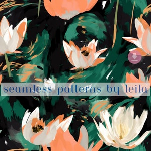 Impression d'art Été sans couture, Motif floral transparent, Vert sans couture, Nénuphar, Fleur du mois de naissance, Moderne milieu de siècle, Bleu sarcelle, Pêche, Huile Impression artistique