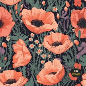 Archivos boho sin costuras, archivo sin costuras, patrón pastel sin costuras, flores silvestres boho, PNG floral, minimalista, etéreo, negro, floral de amapola