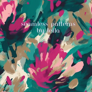 Peut inclure: Motif abstrait sans couture avec des coups de pinceau dans les tons de teal, rose, beige et marron. Le texte "seamless patterns by leila" est superposé au motif.