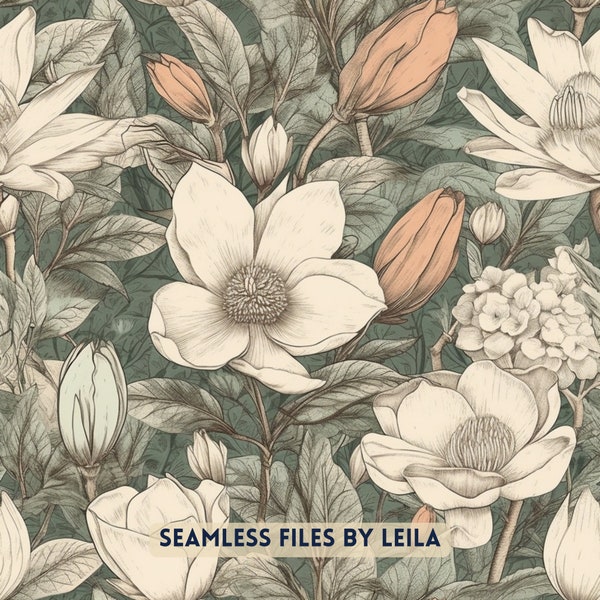 Vintage Magnolia Flower, Seamless File, Spring Seamless Pattern, Boho Seamless File, Floral PNG, Minimalist, ethereal