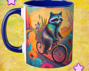 Taza de café, mapache, animales lindos sobre ruedas, taza de animal lindo