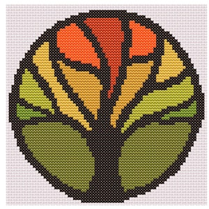 May include: A round, cross-stitched design featuring a stylized tree with a black outline. The tree's leaves are a gradient of green, yellow, and orange, set against a white background. The design is likely for embroidery or needlepoint.